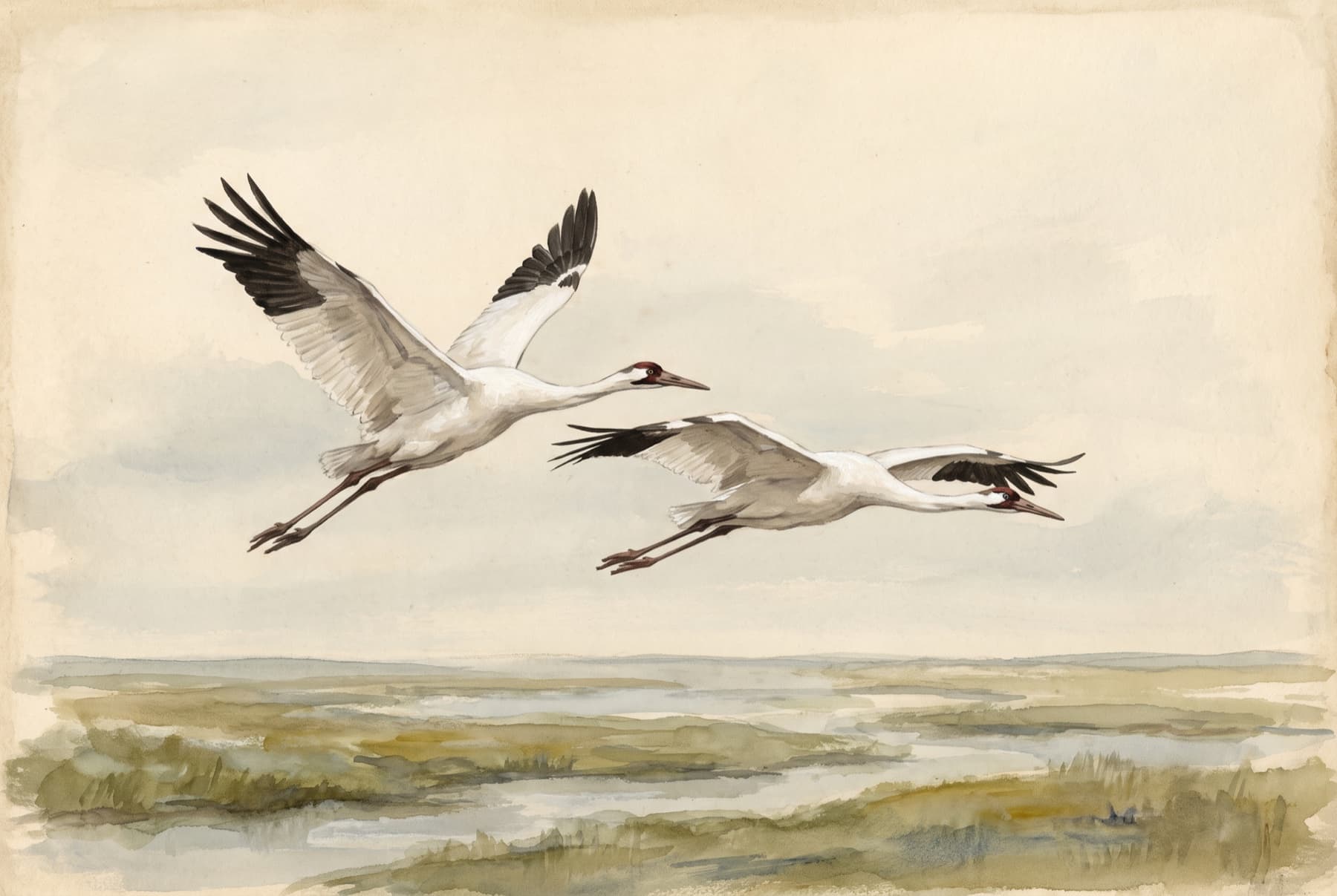 Original watercolor illustration of two whooping cranes in flight