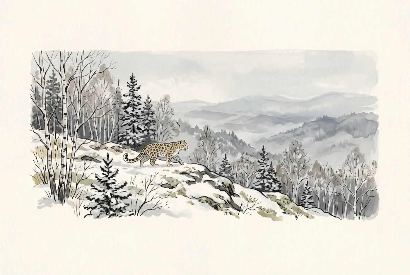 The Amur Leopard in its habitat, an original illustration