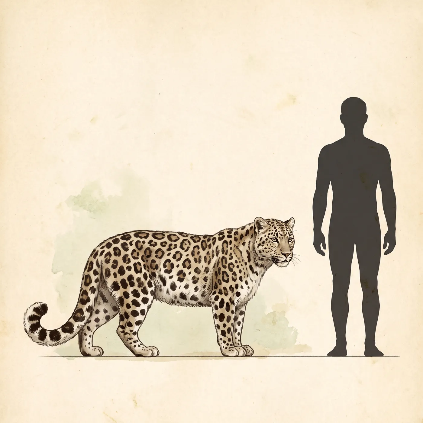 The Amur Leopard drawn to scale beside a human figure