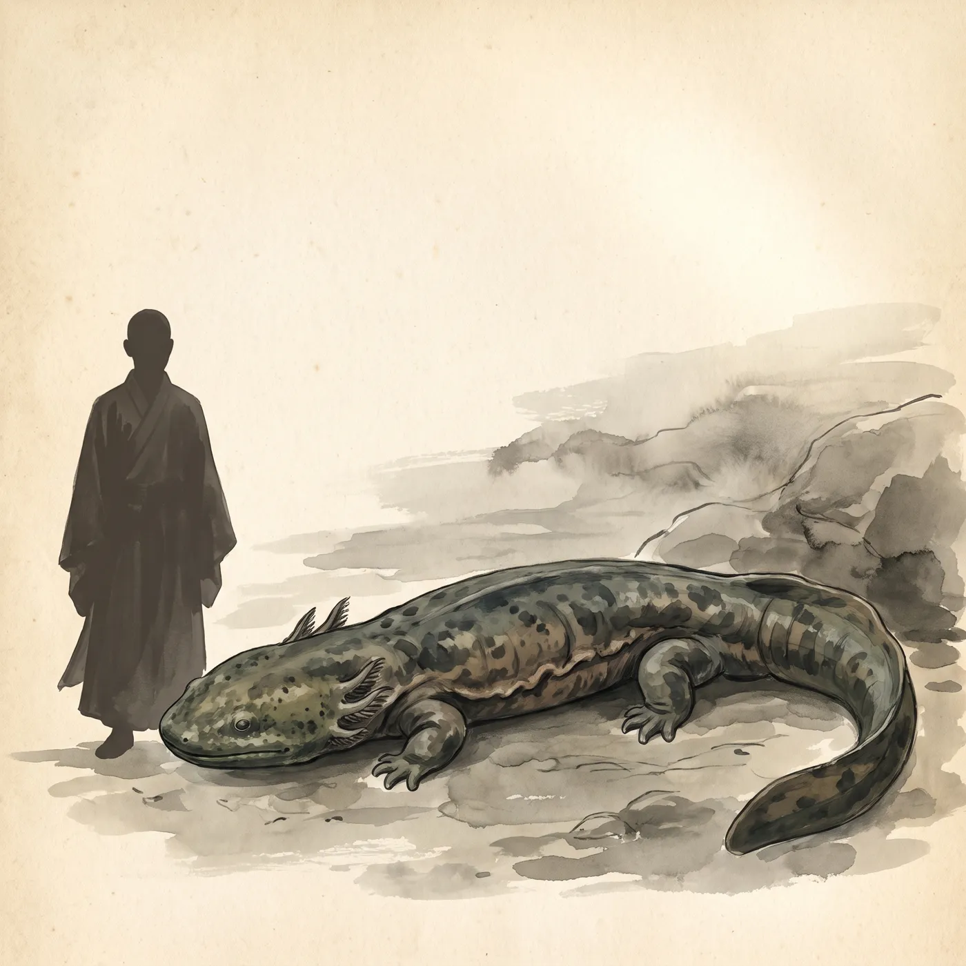 The Chinese Giant Salamander drawn to scale beside a human figure