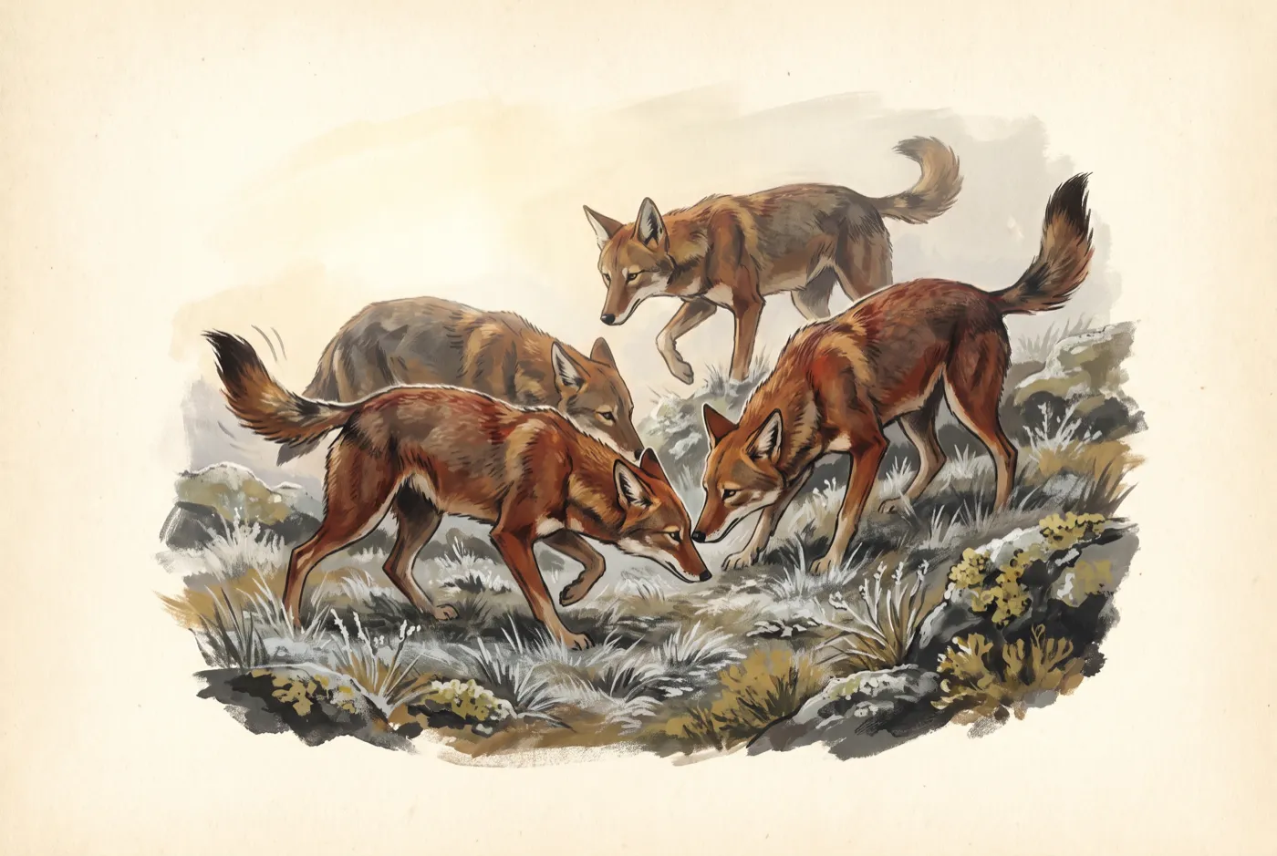 The Ethiopian Wolf observed in the field, an original illustration
