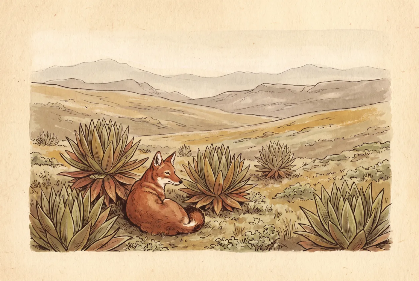 The Ethiopian Wolf in its habitat, an original illustration