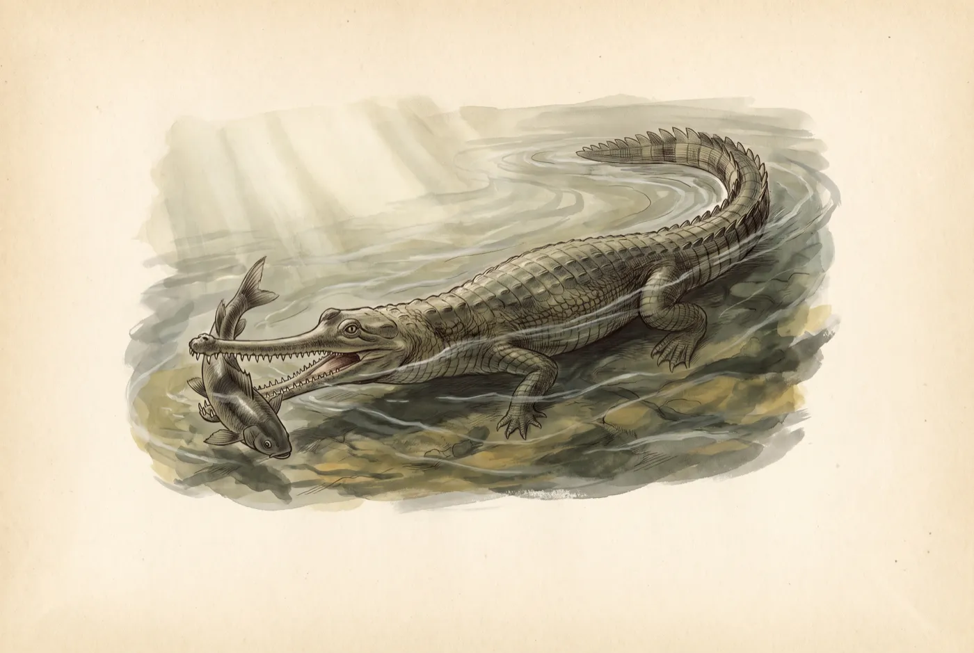 The Gharial observed in the field, an original illustration