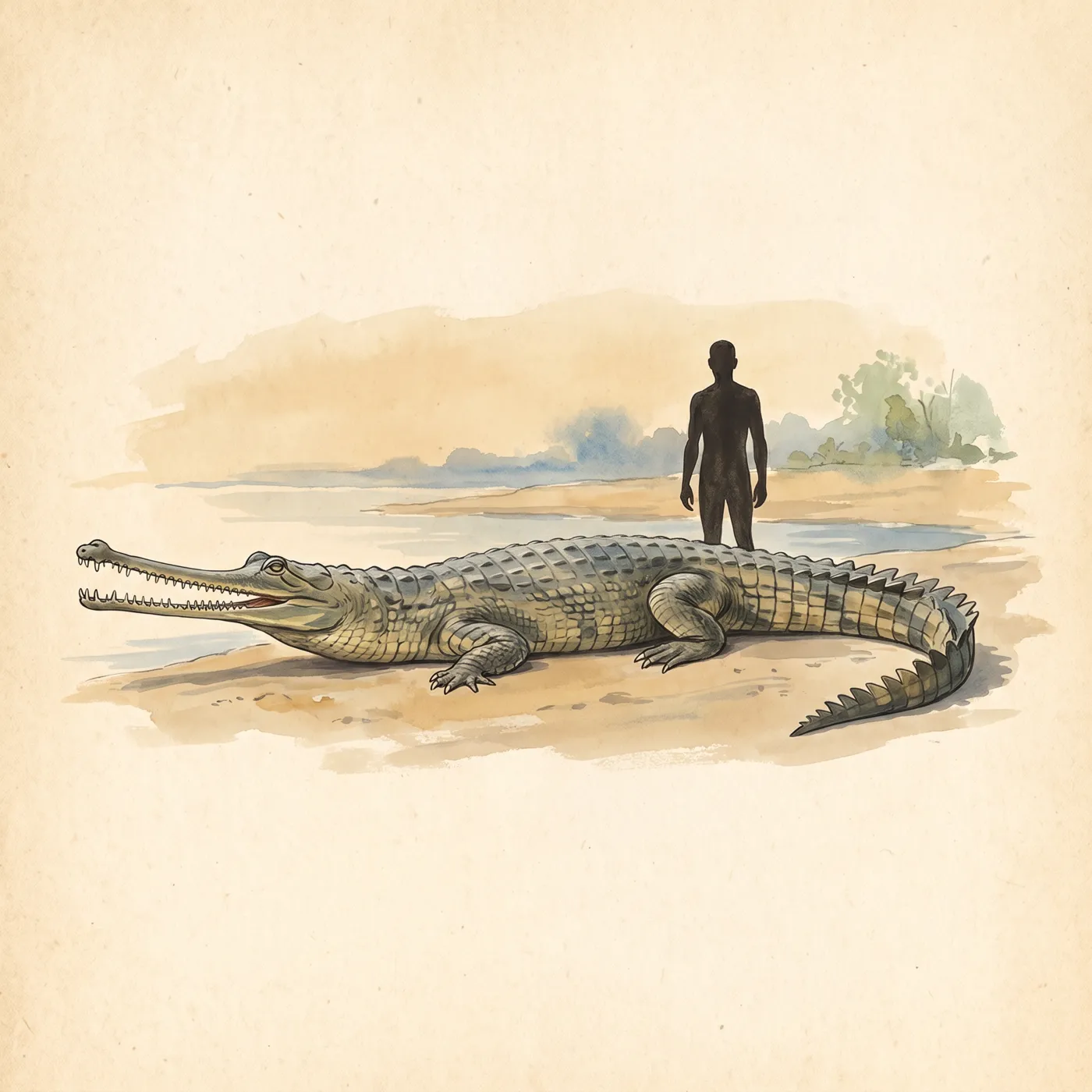 The Gharial drawn to scale beside a human figure