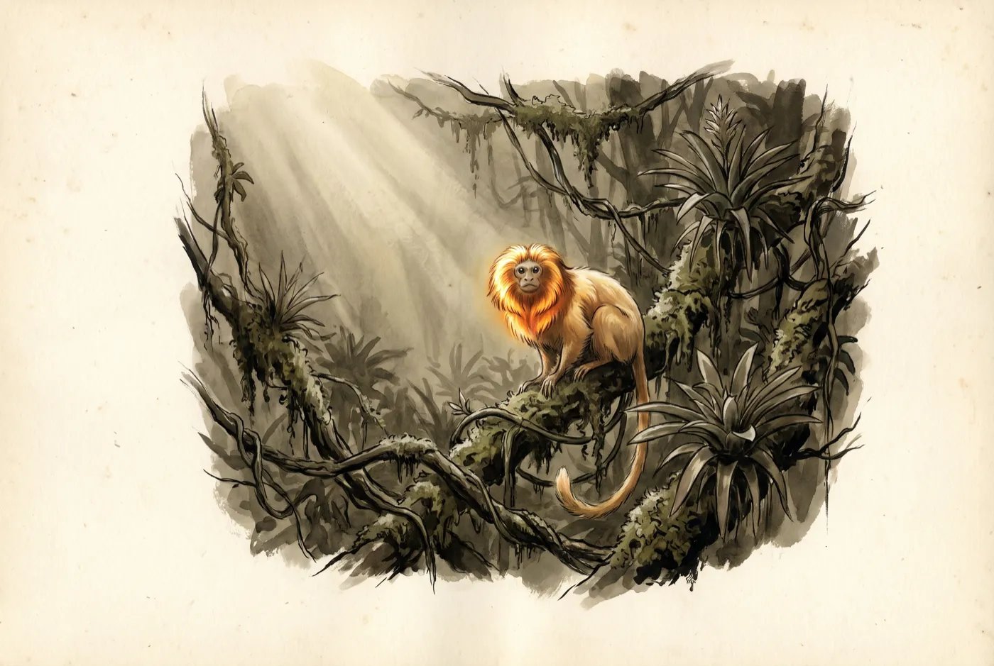 The Golden Lion Tamarin in its habitat, an original illustration