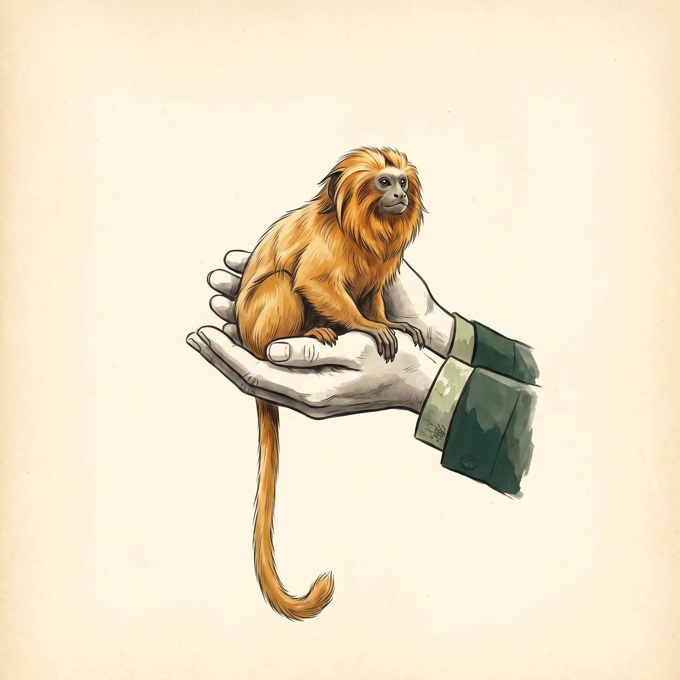 The Golden Lion Tamarin drawn to scale beside a human figure
