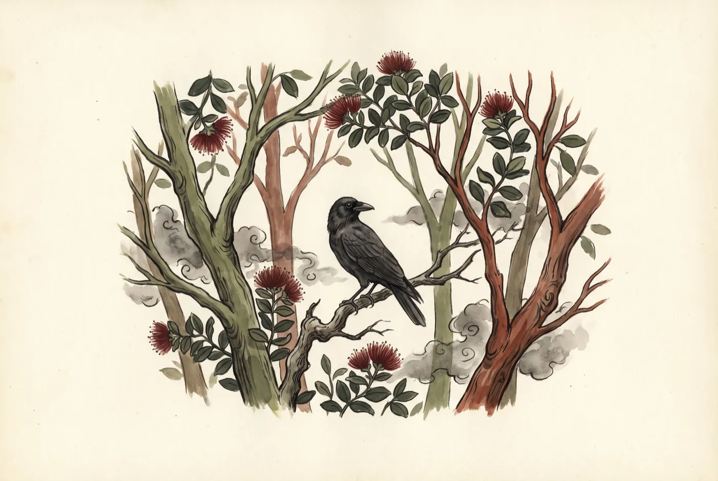 The Hawaiian Crow in its habitat, an original illustration