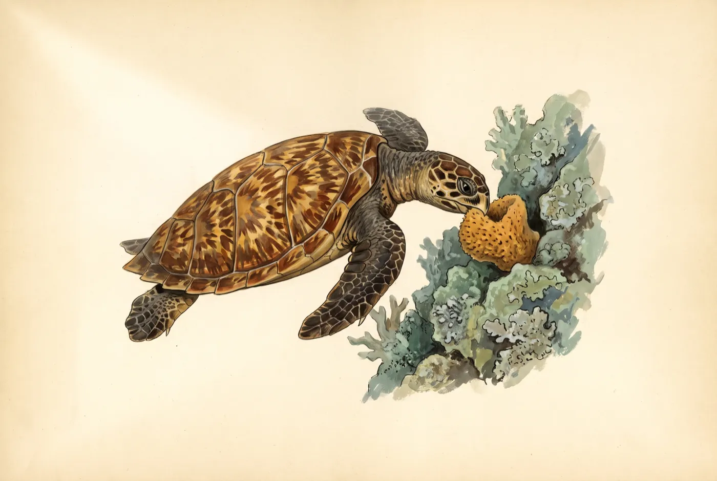 The Hawksbill Turtle observed in the field, an original illustration