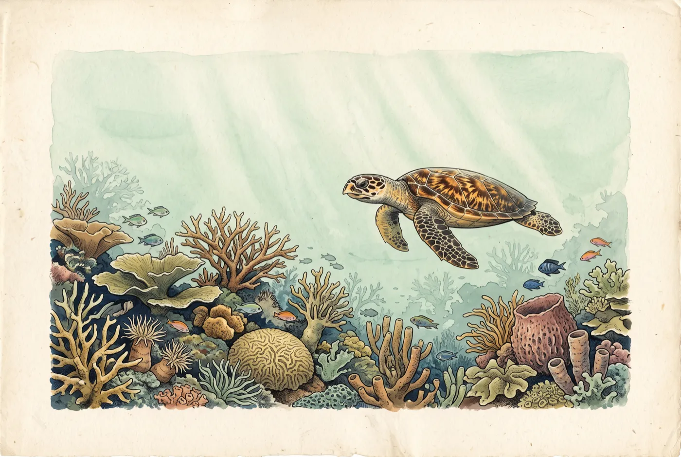 The Hawksbill Turtle in its habitat, an original illustration