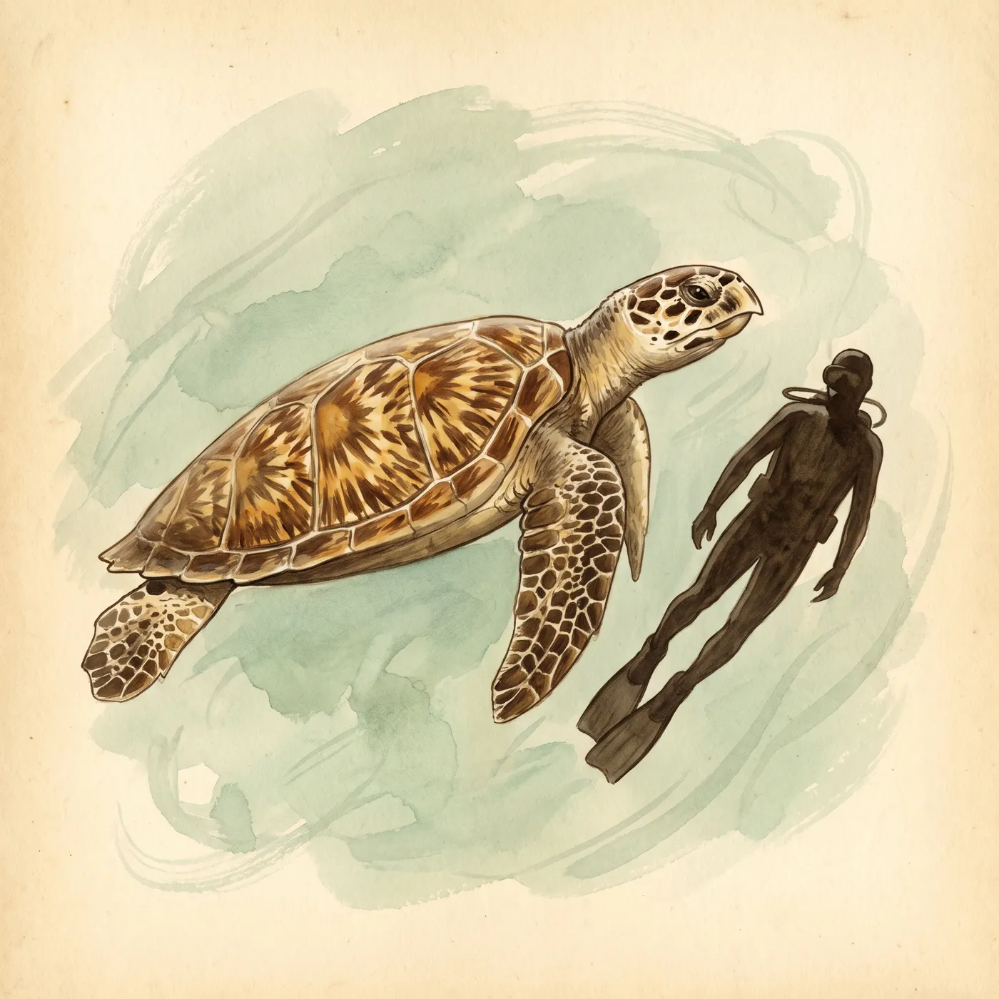 The Hawksbill Turtle drawn to scale beside a human figure