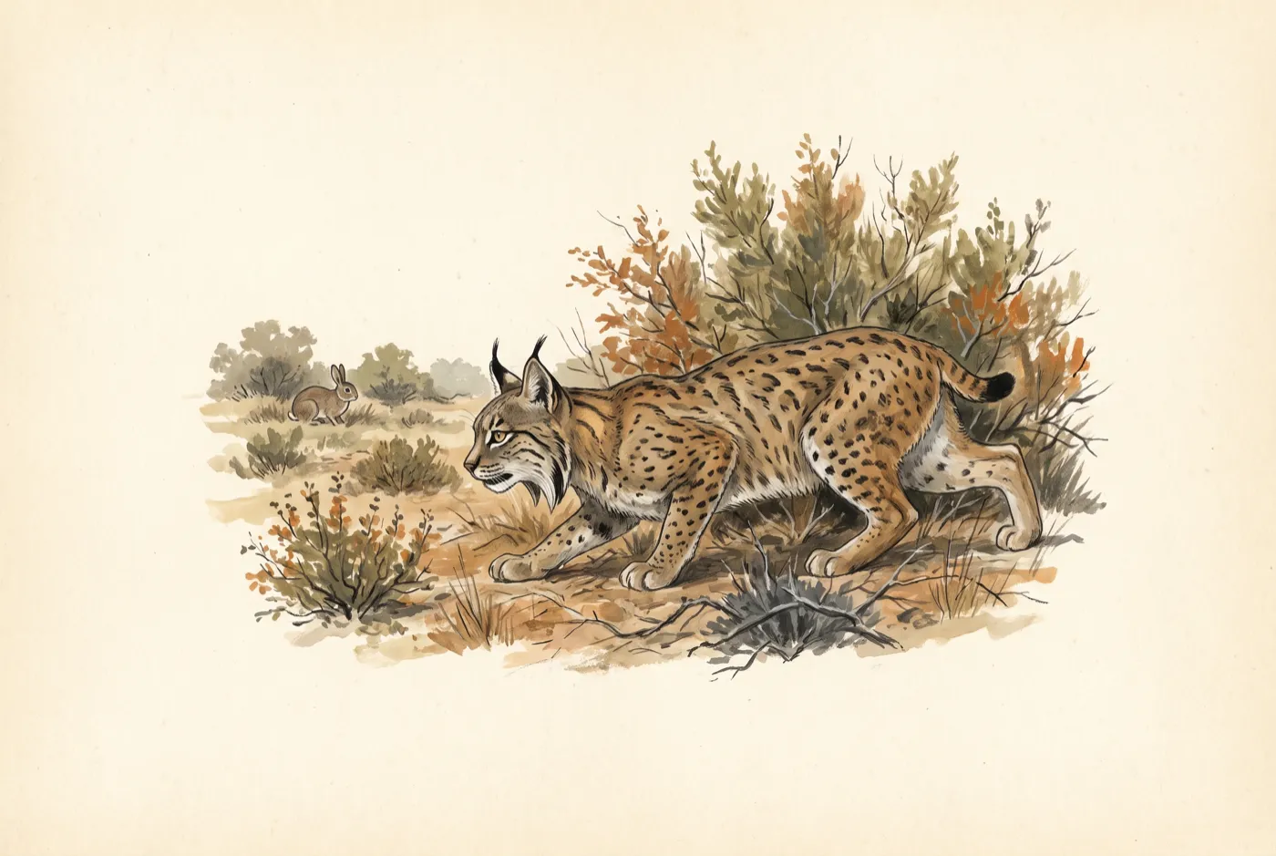 The Iberian Lynx observed in the field, an original illustration