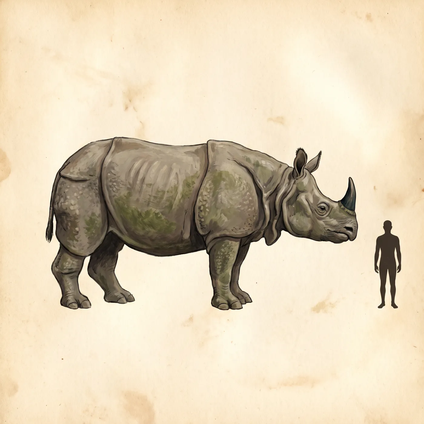 The Javan Rhino drawn to scale beside a human figure