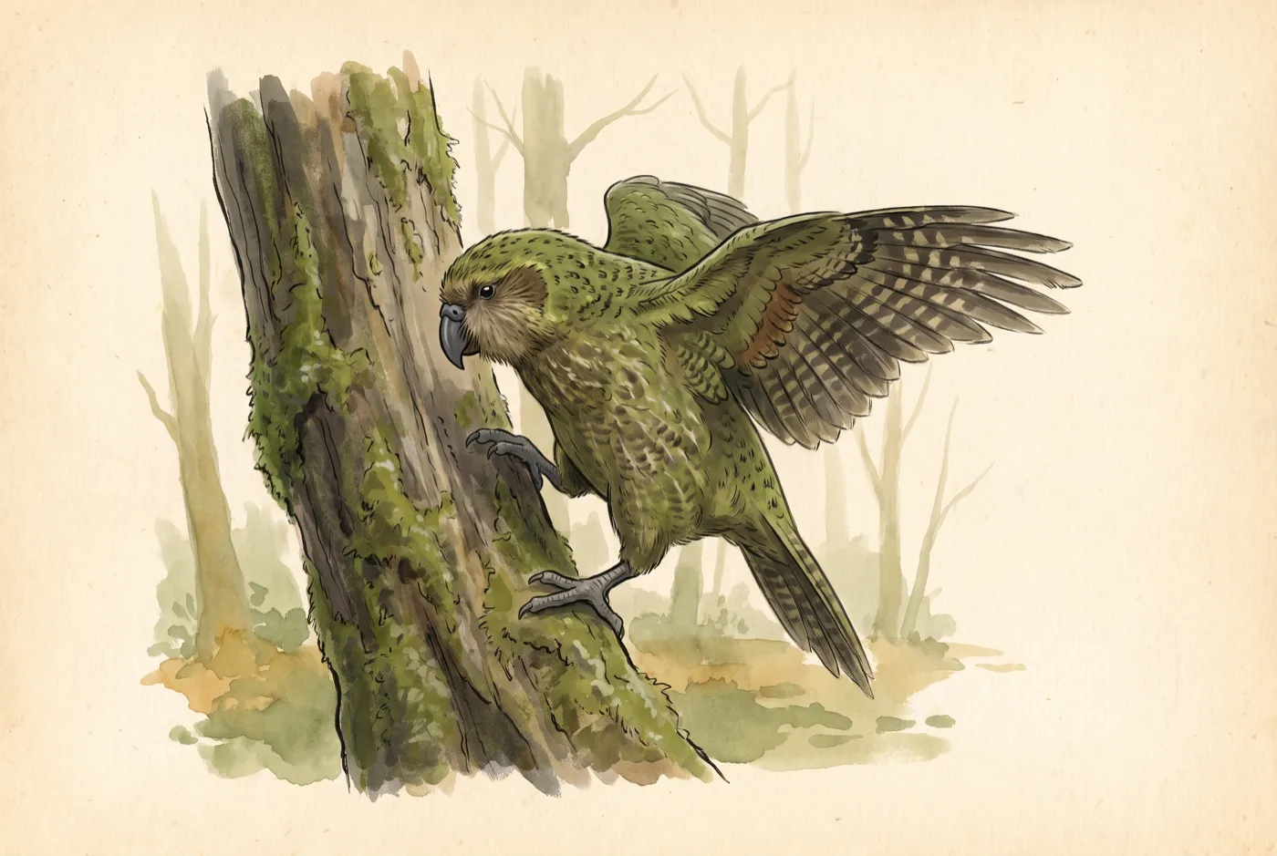 The Kākāpō observed in the field, an original illustration