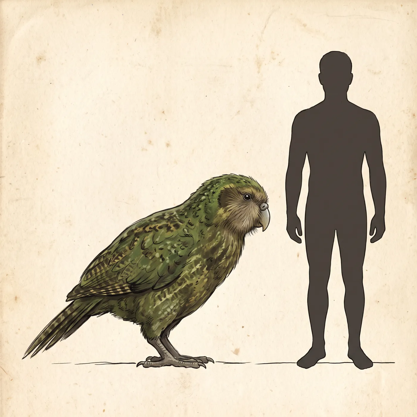 The Kākāpō drawn to scale beside a human figure