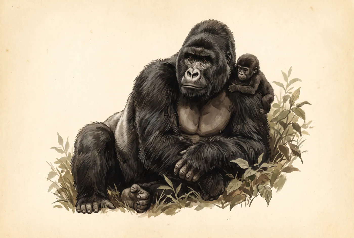The Mountain Gorilla observed in the field, an original illustration
