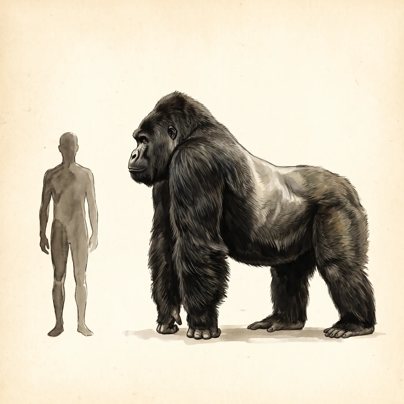 The Mountain Gorilla drawn to scale beside a human figure