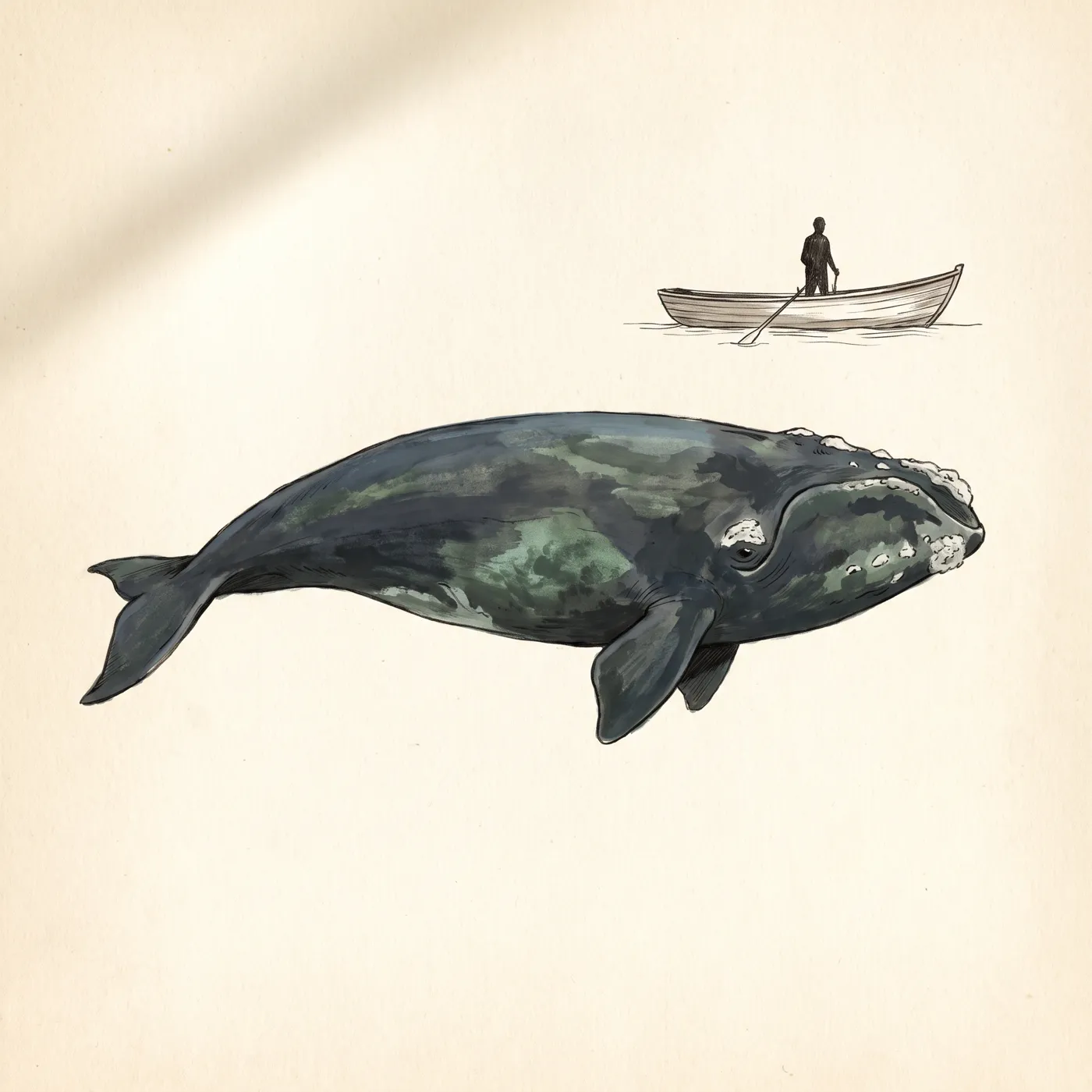 The North Atlantic Right Whale drawn to scale beside a human figure