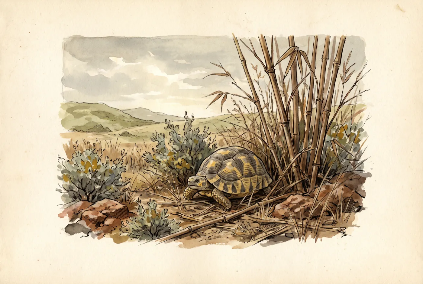 The Ploughshare Tortoise in its habitat, an original illustration