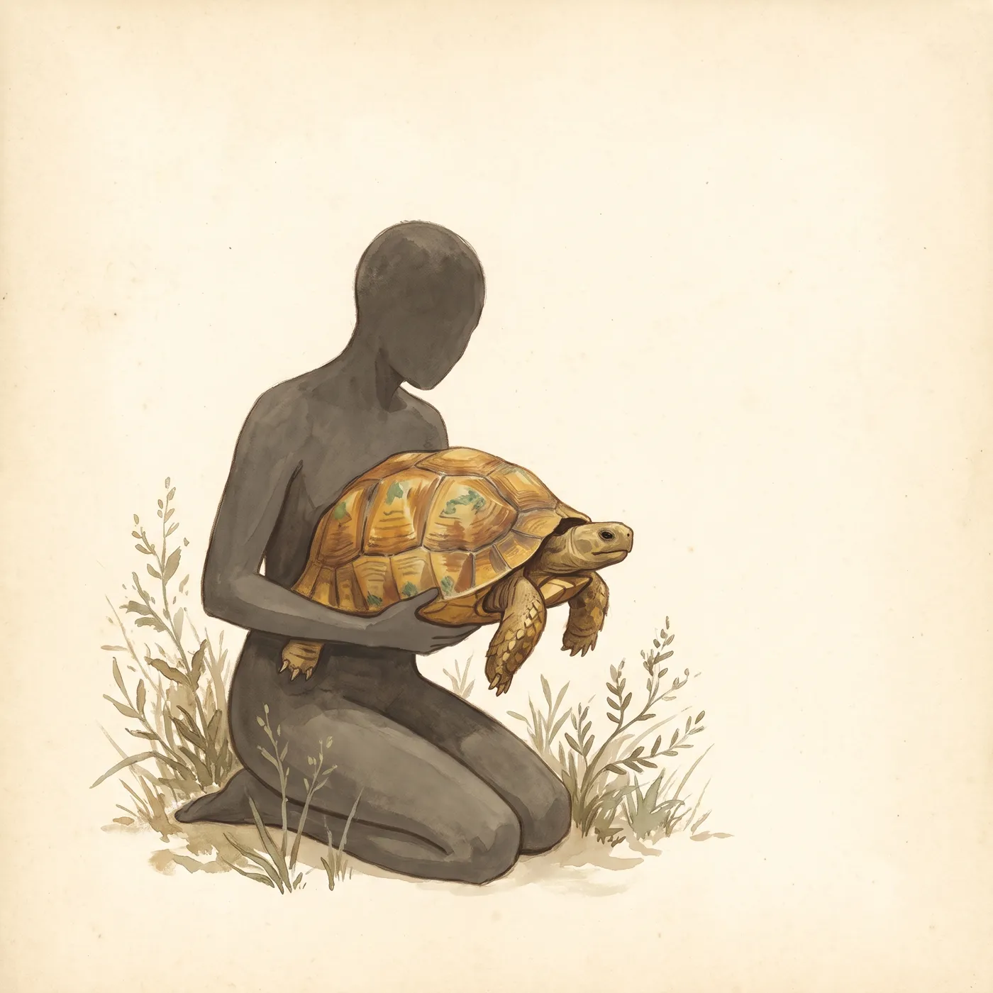 The Ploughshare Tortoise drawn to scale beside a human figure