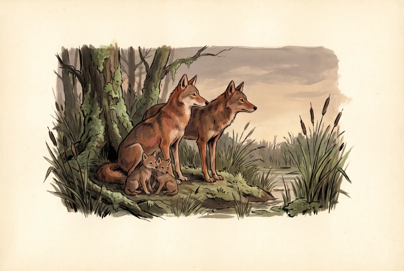 The Red Wolf observed in the field, an original illustration