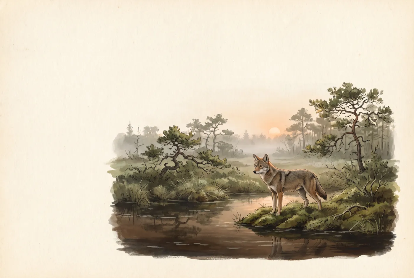 The Red Wolf in its habitat, an original illustration