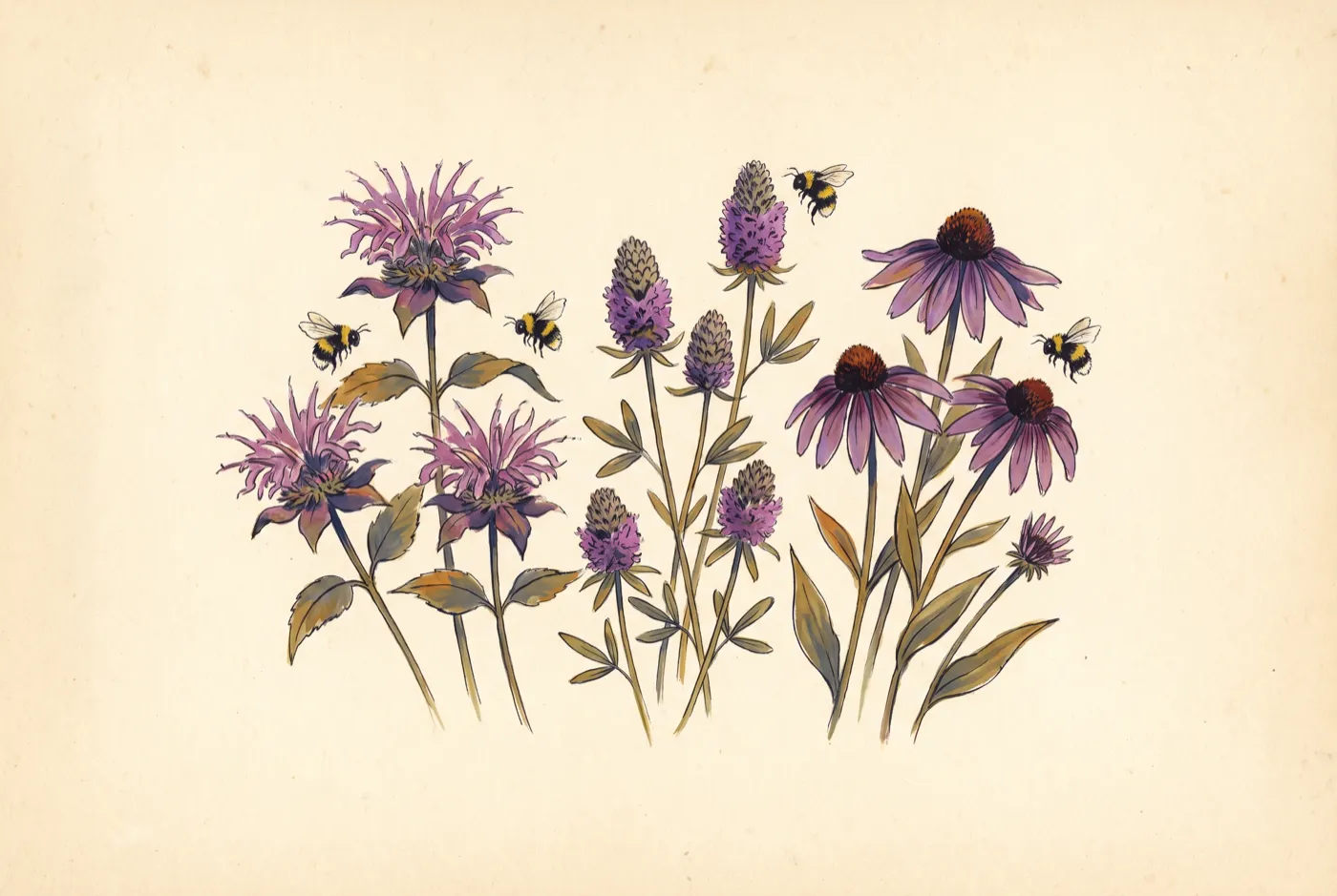 The Rusty Patched Bumble Bee in its habitat, an original illustration