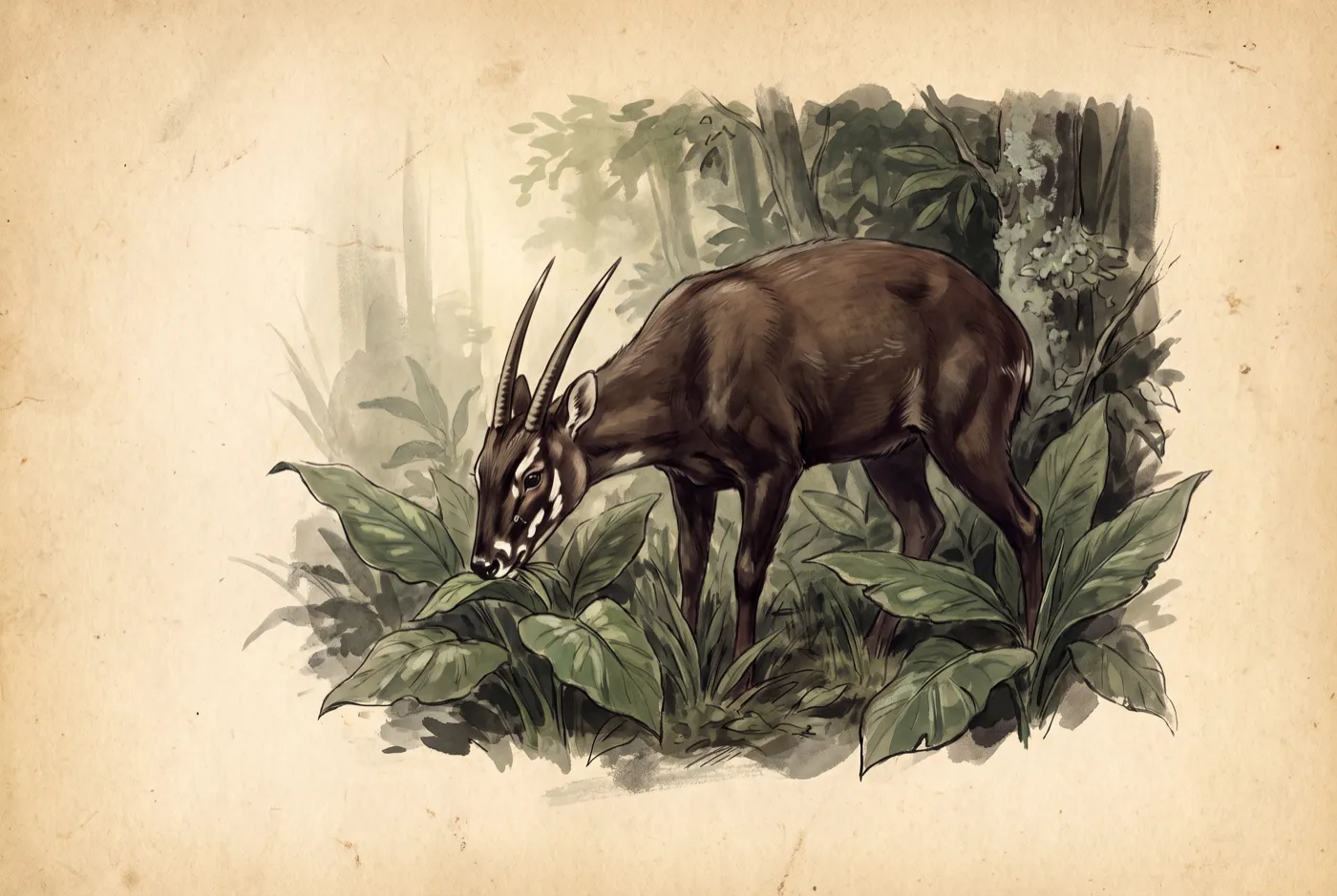 The Saola observed in the field, an original illustration