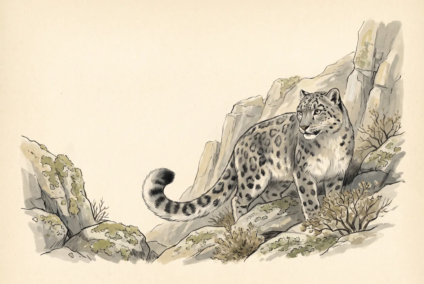 The Snow Leopard in its habitat, an original illustration