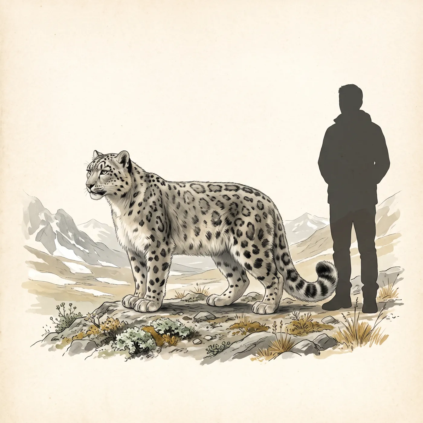 The Snow Leopard drawn to scale beside a human figure