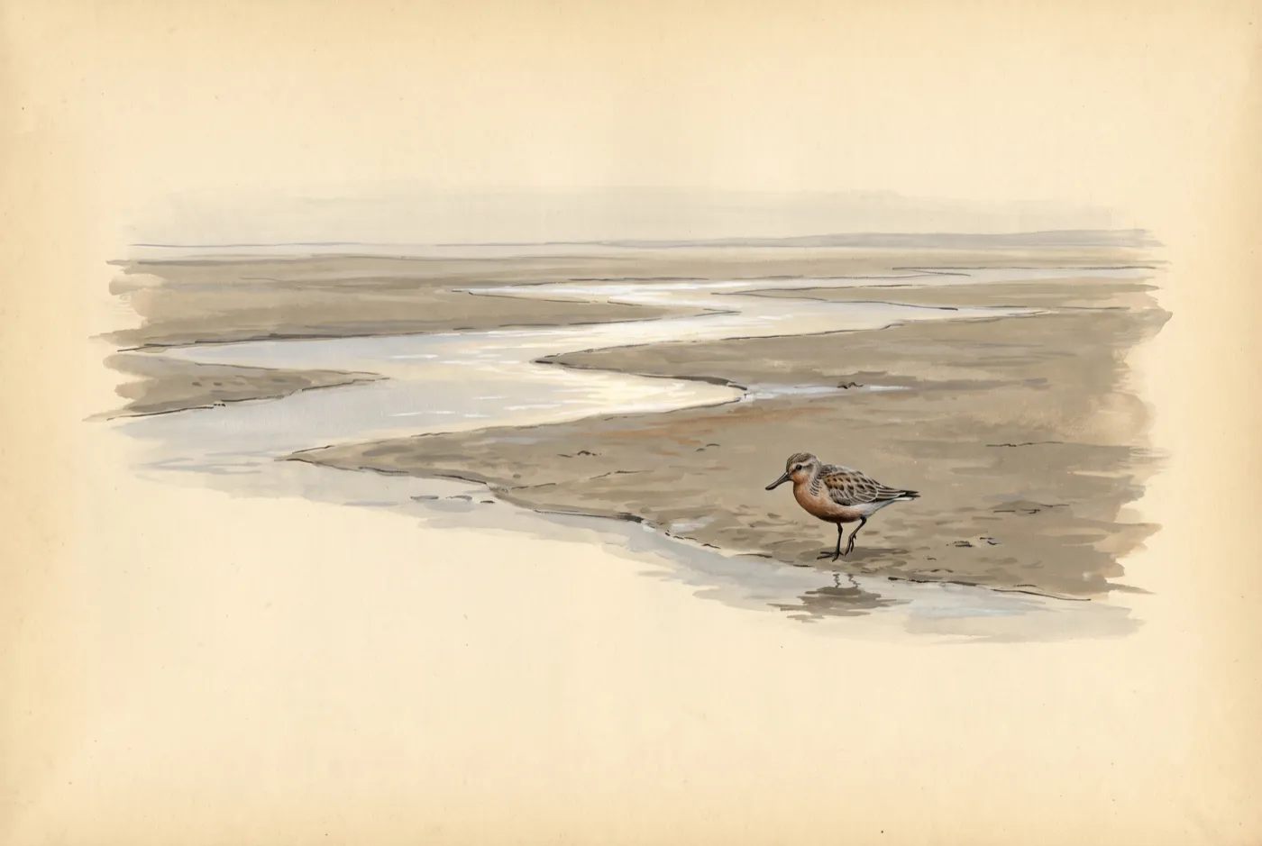The Spoon-billed Sandpiper in its habitat, an original illustration