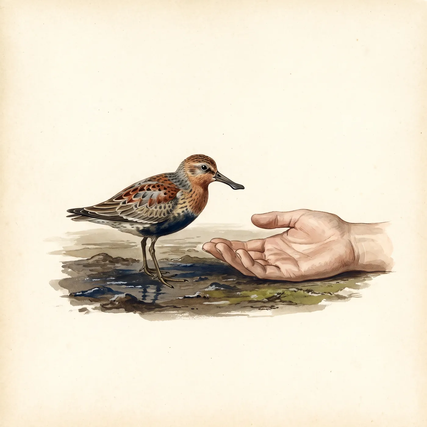 The Spoon-billed Sandpiper drawn to scale beside a human figure