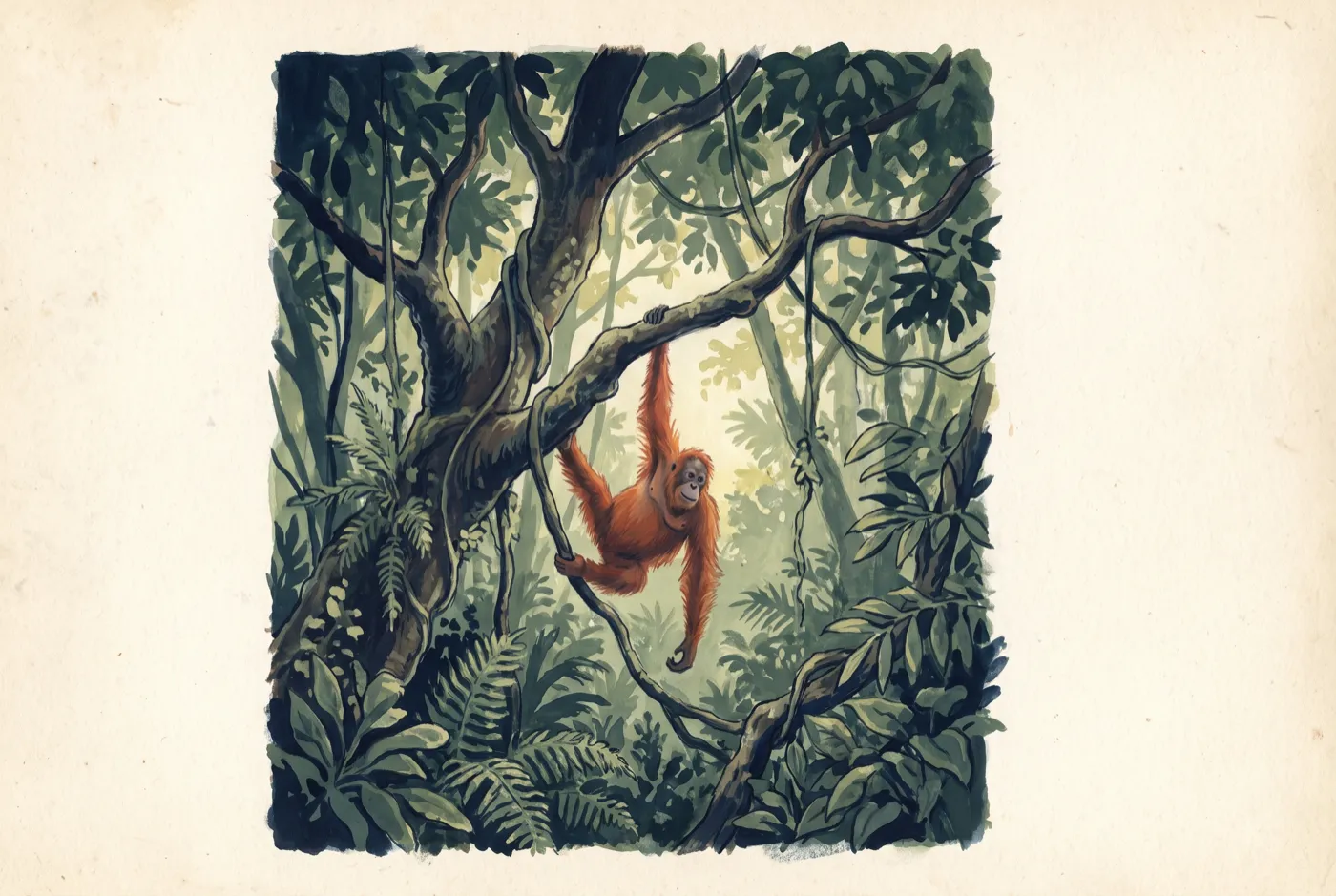 The Sumatran Orangutan in its habitat, an original illustration