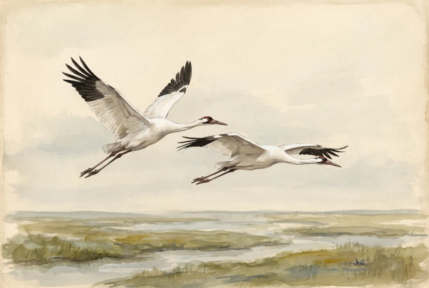 The Whooping Crane in its habitat, an original illustration