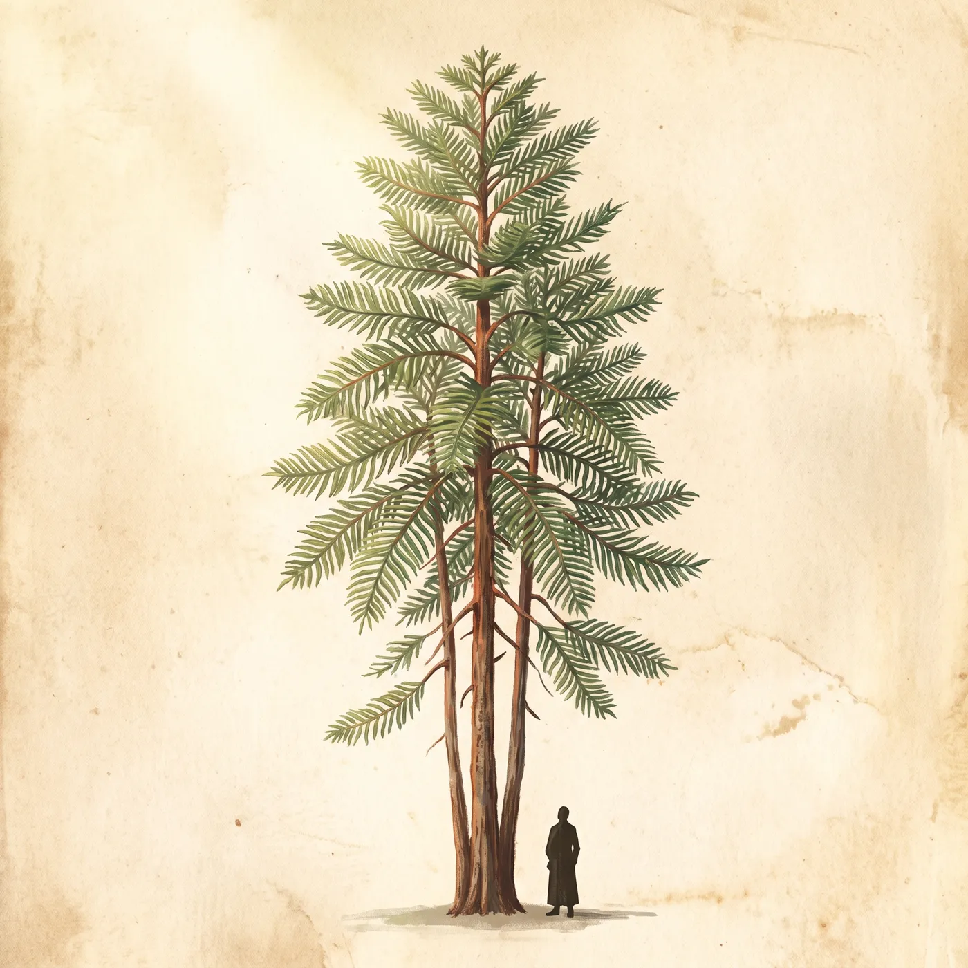 The Wollemi Pine drawn to scale beside a human figure